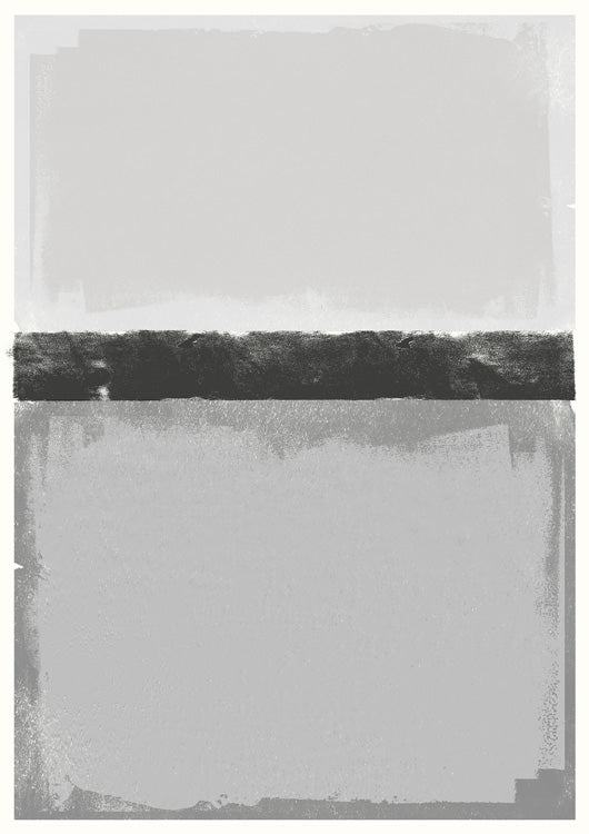 Abstract artwork with two pale grey panels split by a rough dark charcoal horizontal band