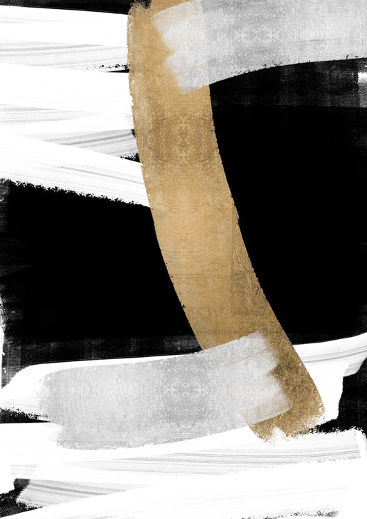 Abstract artwork with a gold vertical brushstroke on black, crossed by white and grey strokes