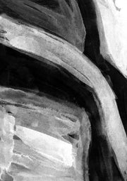 Black and white abstract watercolour with curved brushstroke bands and strong contrast