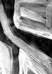 Black and white abstract watercolour with a curved diagonal band and layered soft-edged forms