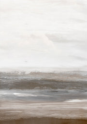 Abstract artwork with horizontal bands of grey, taupe and white suggesting a hazy horizon