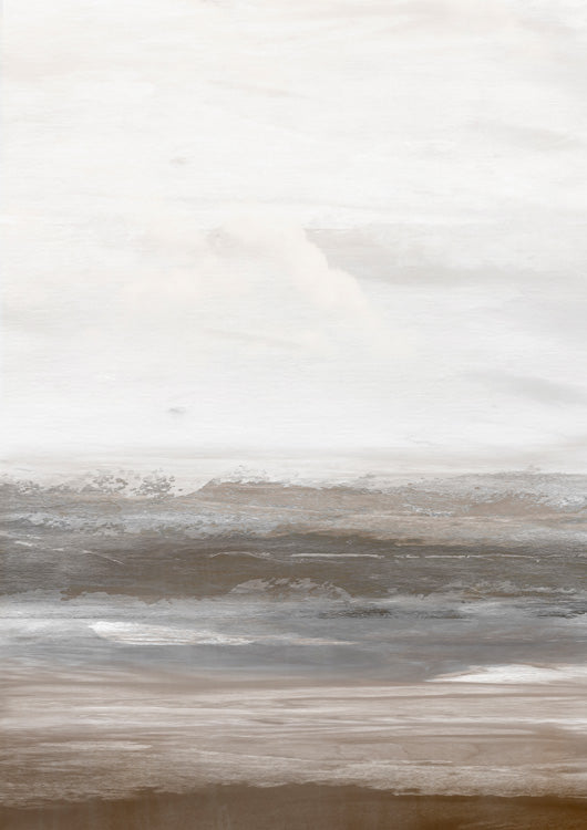 Abstract artwork with horizontal bands of grey, taupe and white suggesting a hazy horizon