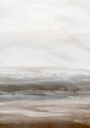 Abstract horizontal artwork in neutral tones resembling a misty shoreline landscape