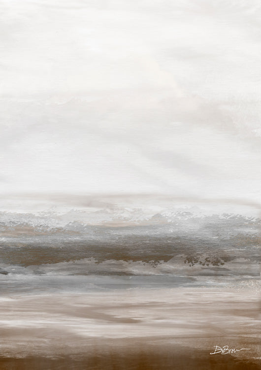 Abstract horizontal artwork in neutral tones resembling a misty shoreline landscape