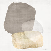 Abstract artwork with layered taupe, grey and gold rounded forms on an off-white background.