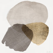 Abstract artwork with overlapping putty, charcoal and gold organic shapes on white