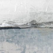 Abstract horizontal landscape in muted grey and blue with textured surface