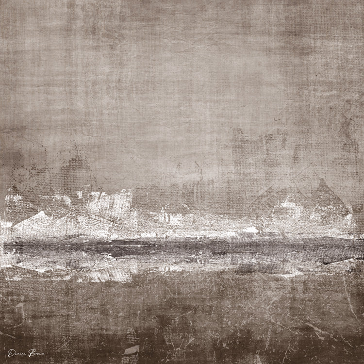Abstract sepia-toned artwork with faint skyline silhouette and textured surface