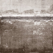Abstract horizontal artwork in sepia and brown tones with a weathered, textured surface
