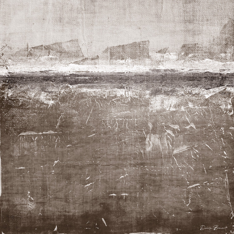 Abstract horizontal artwork in sepia and brown tones with a weathered, textured surface