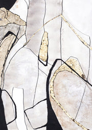 Abstract geometric artwork with gold leaf accents on a neutral grey and beige palette
