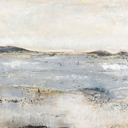 Abstract textured landscape with pale sky, faint mountains and grey impasto foreground