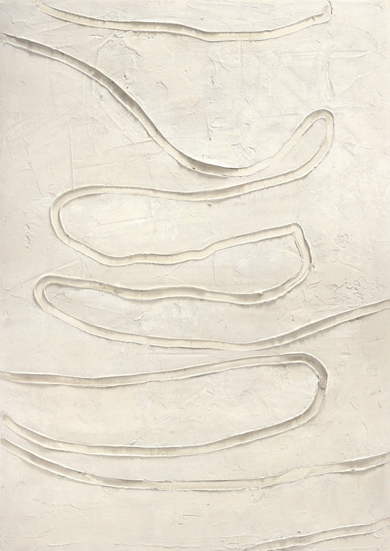 Textured plaster relief artwork with winding raised lines on an off-white surface