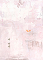 Pale pink abstract artwork with soft brushstrokes, thin line marks and small orange petal accents
