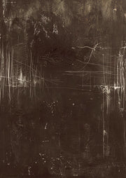 Dark brown abstract artwork with scratched white lines and textured cracked surface