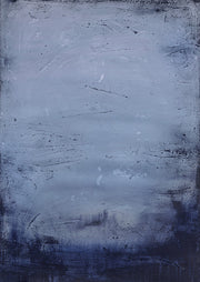 Abstract artwork in muted blue-grey with dark edges, fine scratches and a soft atmospheric gradient