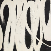 Abstract black and white artwork with looping cream brushstrokes over a black background
