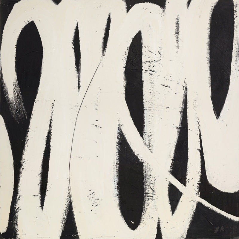 Abstract black and white artwork with looping cream brushstrokes over a black background