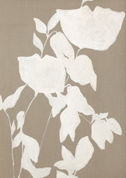 Painterly white botanical stems and flowers on a taupe background
