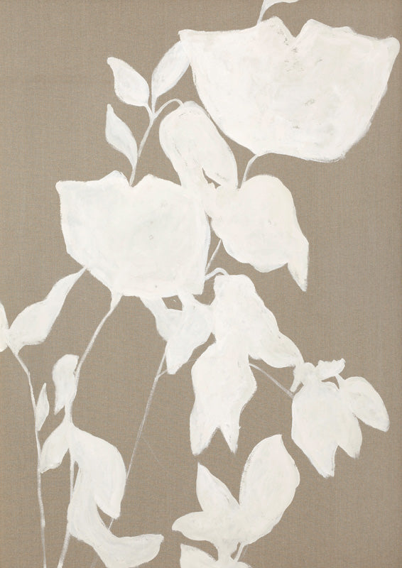 Painterly white botanical stems and flowers on a taupe background