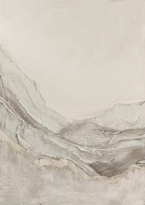 Textured abstract artwork of a plaster ridge with fine lines in cream and grey tones