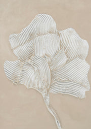 Sculpted white flower with ridged petals on a stem, set against a beige background