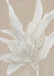 Textured white impasto leaf artwork on a beige background