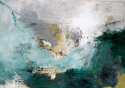 Abstract painting in teal and grey tones with gold metallic accents and textured brushstrokes