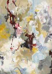 Abstract expressionist painting with cream, ochre and grey tones and bold maroon brushstrokes