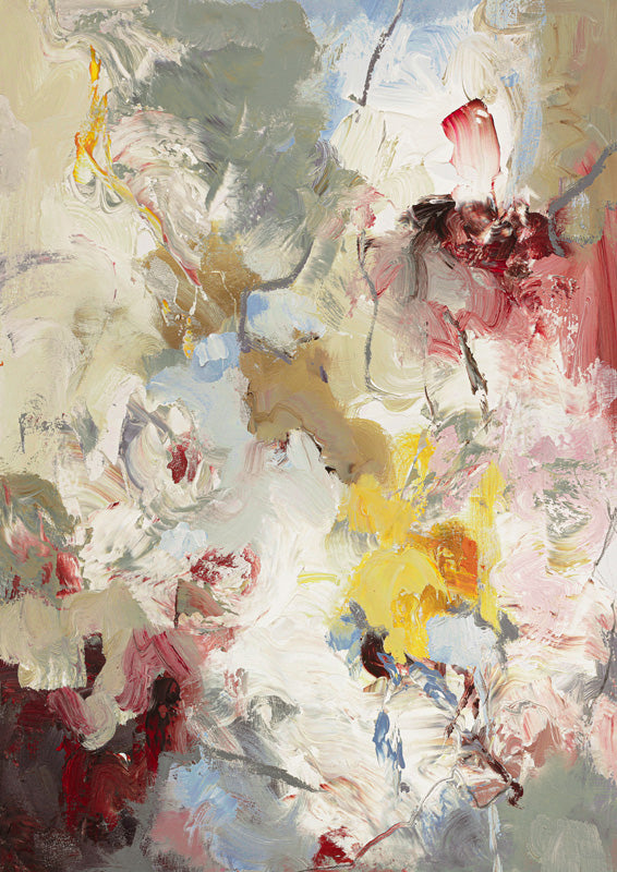 Abstract floral painting with impasto brushstrokes in cream, ochre, grey, red and yellow