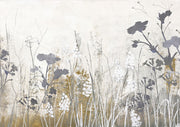 Painterly wildflower silhouettes in grey and charcoal on a muted beige and gold background