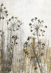 Painting of dried wildflower seed heads in gold and grey tones on a cream background