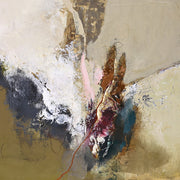 Abstract painting with beige, gold and charcoal tones, a red vertical line and magenta and teal accents