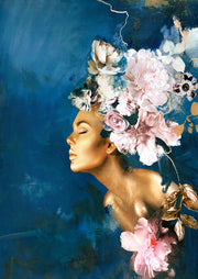 Gold-skinned woman in profile wearing a large floral headdress against a blue background