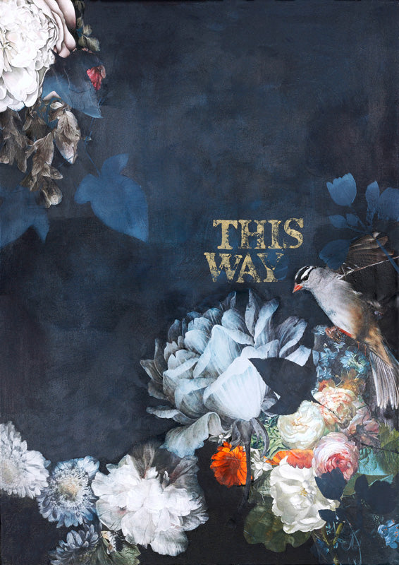 Navy floral still life with peonies, a perched bird, and gold text reading THIS WAY.