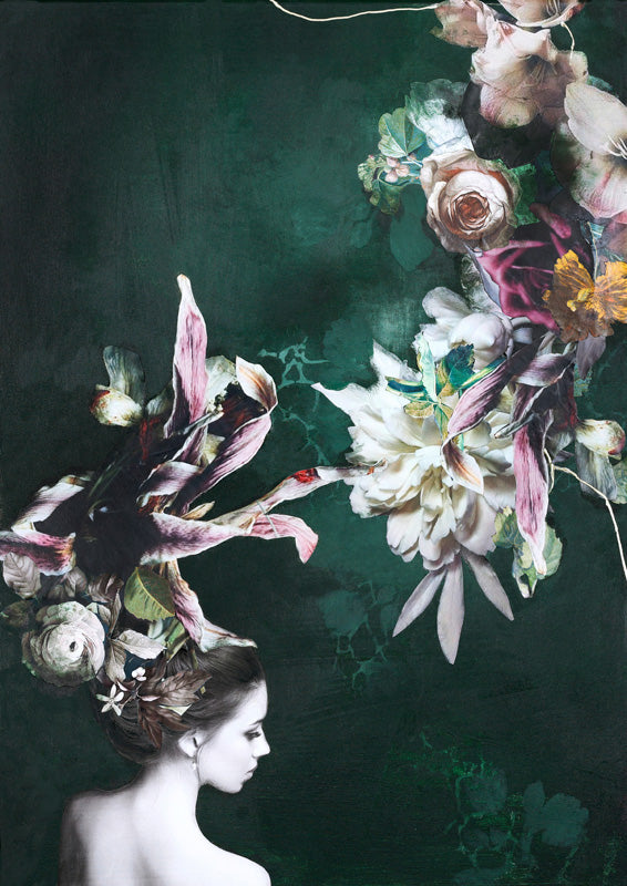 Woman in profile with a floral headdress against a dark green background