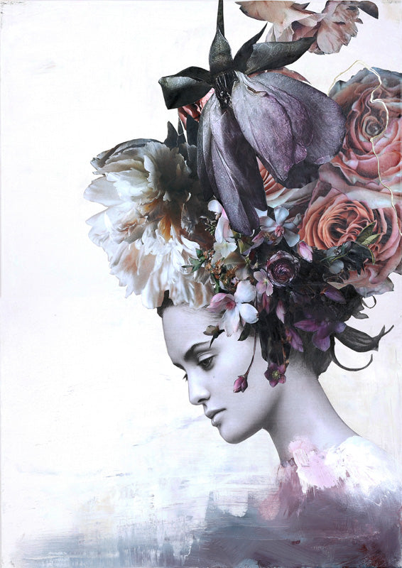Woman in profile wearing a large floral headdress of roses and peonies in muted tones