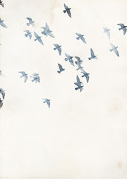 Watercolor illustration of a flock of blue-grey birds in flight against a cream background