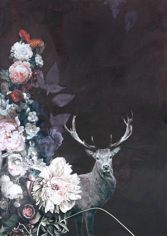 Stag with antlers beside a dense floral arrangement of peonies and roses on a dark background