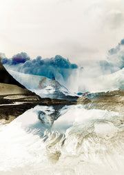 Double exposure landscape of glacier peaks and clouds reflected in still water