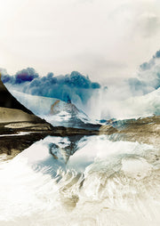 Double exposure landscape of glaciers, mountains and a reflective lake in blue and brown tones