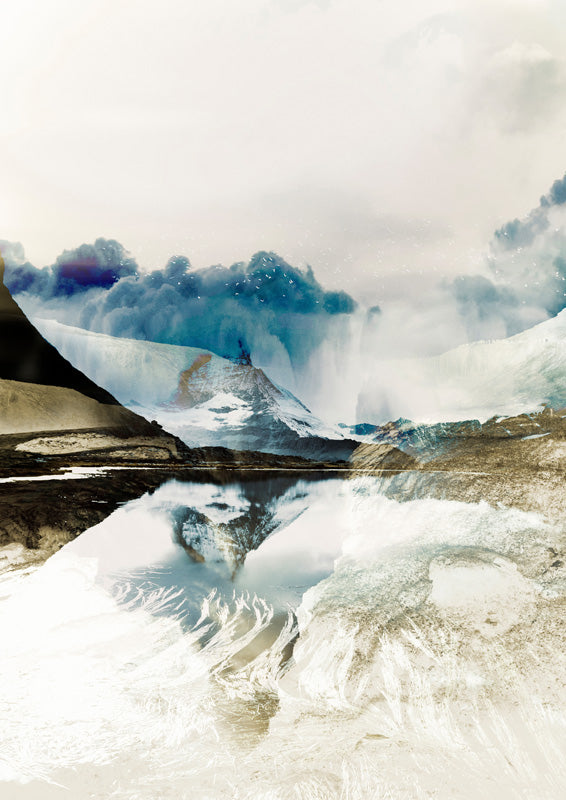 Double exposure landscape of glaciers, mountains and a reflective lake in blue and brown tones