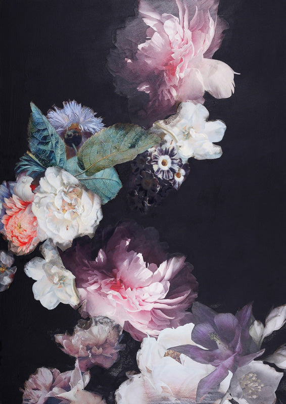 Dark floral still life with pink peonies, white roses and purple thistle on black background