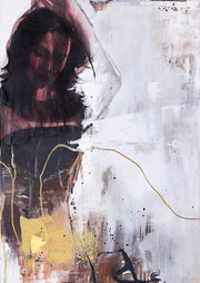 Woman's face dissolving into abstract white brushwork with gold drips and earthy tones.