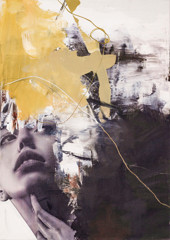 Collage artwork of a woman's face with yellow and black brushstrokes and gold linework