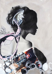 Black and white profile of a woman with mechanical collage elements and pink accent detail