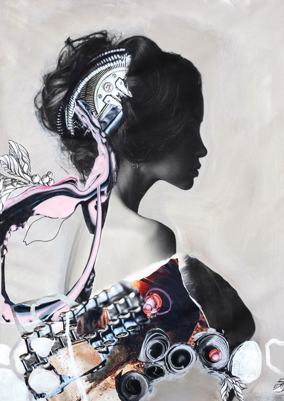 Black and white profile of a woman with mechanical collage elements and pink accent detail