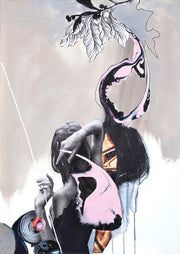 Collage artwork of a figure with botanical line art and a pink abstract shape on grey background