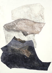 Abstract collage of torn paper layers in cream, grey and charcoal resembling stacked stone