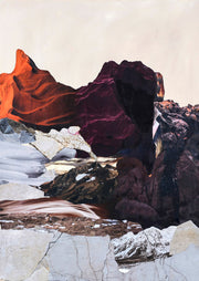 Collage artwork of layered rock and mountain forms in orange, burgundy and grey marble tones
